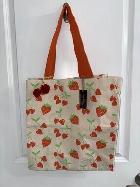 Large Lily Bloom Cherry Print Canvas Tote with Orange Handles